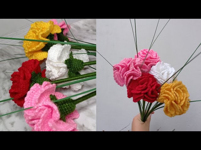 Cómo envolver ramo de flores tejidas con papel coreano - ramo de tulipanes  tejidos 