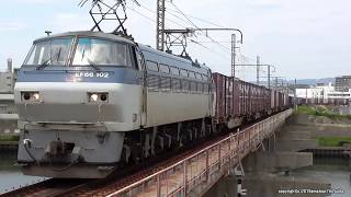 JR貨物　城東貨物線神崎川橋梁を渡る2本の貨物列車（H31.4.17)