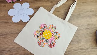 Handmade Organic Cotton Tote Bag – Flower Appliqué Design