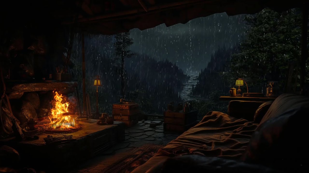 Sheltering from Rain & Thunder in a Cozy Cave🔥12H Fireplace Sounds for ...