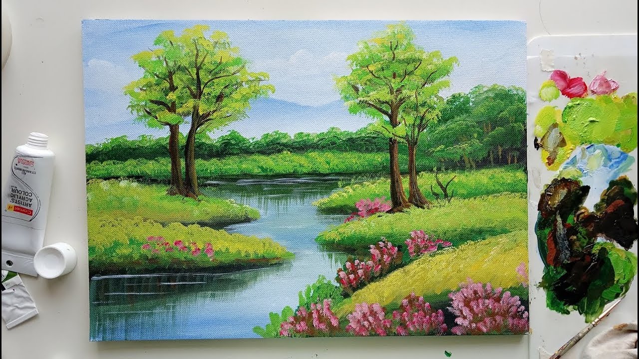 Trees in a Beautiful Landscape | Easy Landscape Painting ...