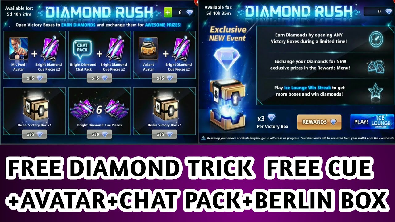 8 Ball Pool Diamond Rush Free Cue Avatars Chat Pack Berlin Dubai Box Free Diamond Trick Youtube