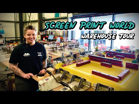 Screen print world warehouse tour. Including how to stretch screen printing screens.