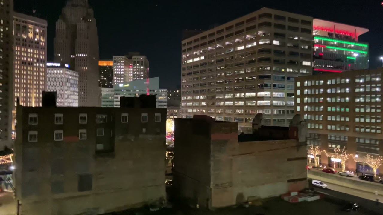 Rooftop view of Downtown Detroit at night. 
