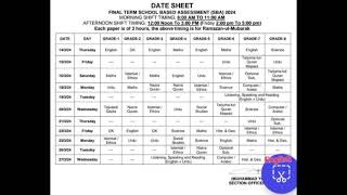 Date sheet Final Term School Based Assessment (SBA) 2024 | Grade 1 to Grade 8 Date sheet