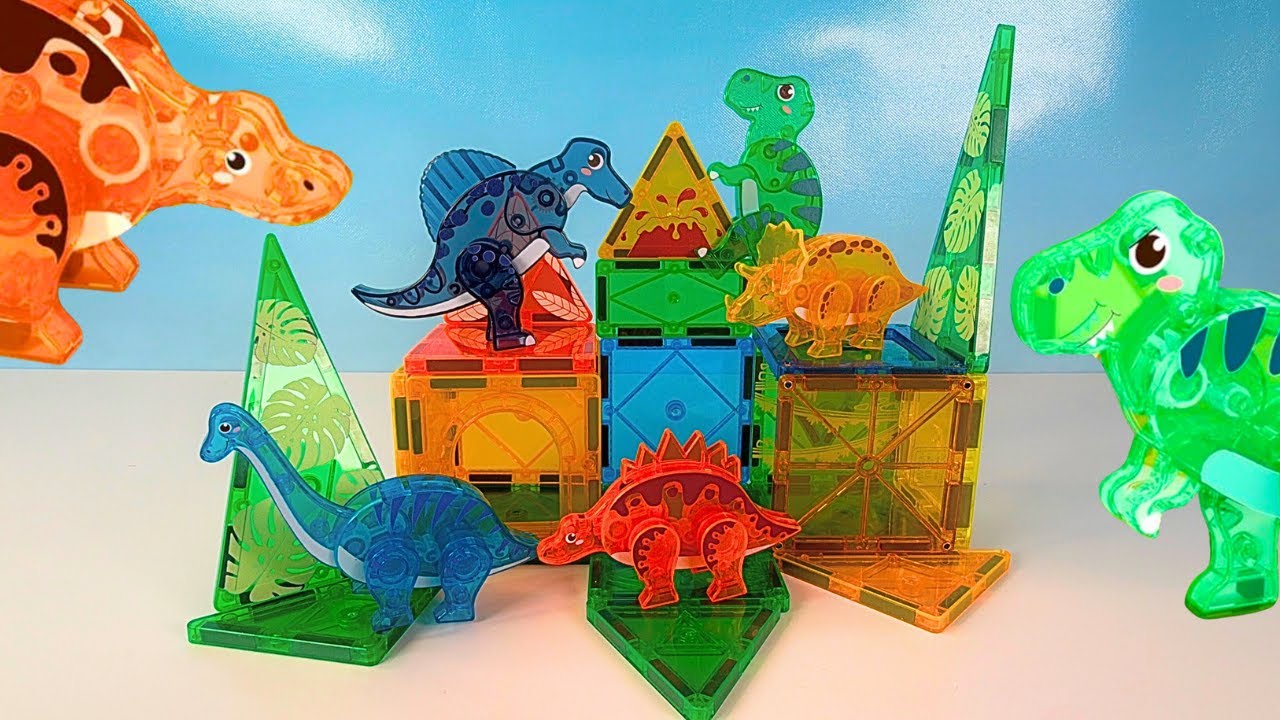 ASMR Dinosaur Volcano Build  Magnetic Tiles Puzzle Assembly | No Talking