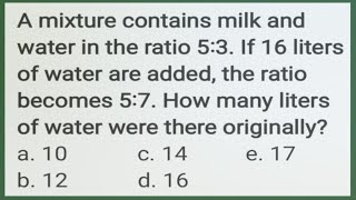 Mixture Contains Milk And Water In The Ratio 53. If 16 L Of Water Are Added, The Ratio Becomes 57