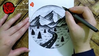 رسم سهل/رسم بالفحم/تعليم رسم منظر طبيعي خطوة بخطوة للمبتدئين تعلم رسم منظر طبيعيeasy scenery drawing