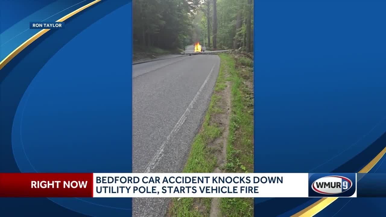Bedford car crash knocks down utility pole, starts vehicle fire - YouTube