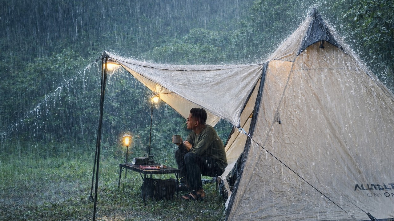 HEAVY RAIN WAS HORRIBLE! SOLO CAMPING IN HEAVY RAIN AND THUNDER - RELAXING CAMPING RAIN