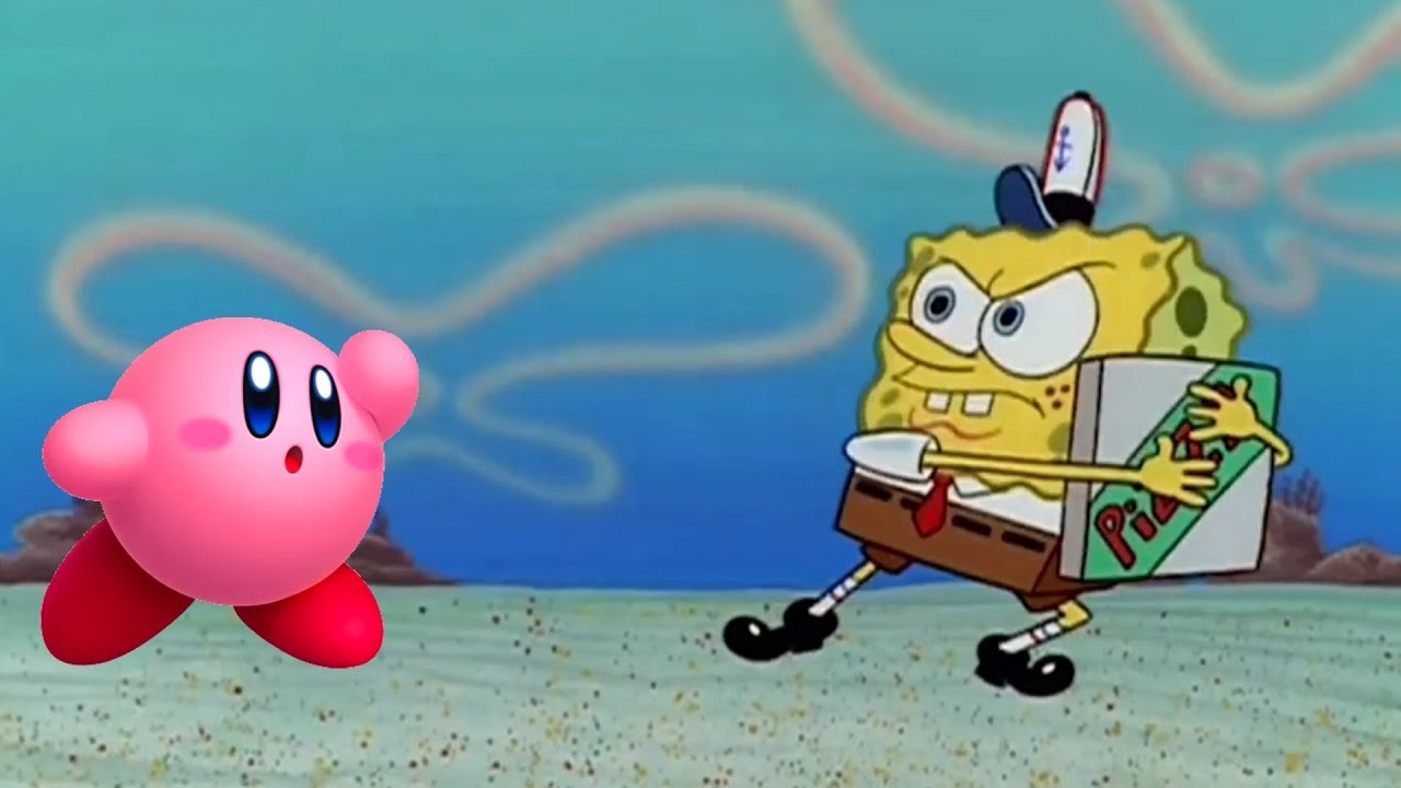 Kirby trying to get a pizza from Spongebob