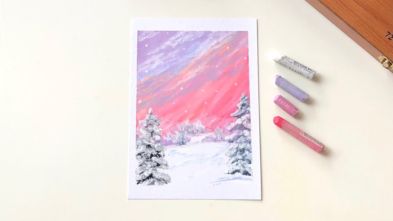 Snowy Winter | Step by step oil pastel drawing for beginners