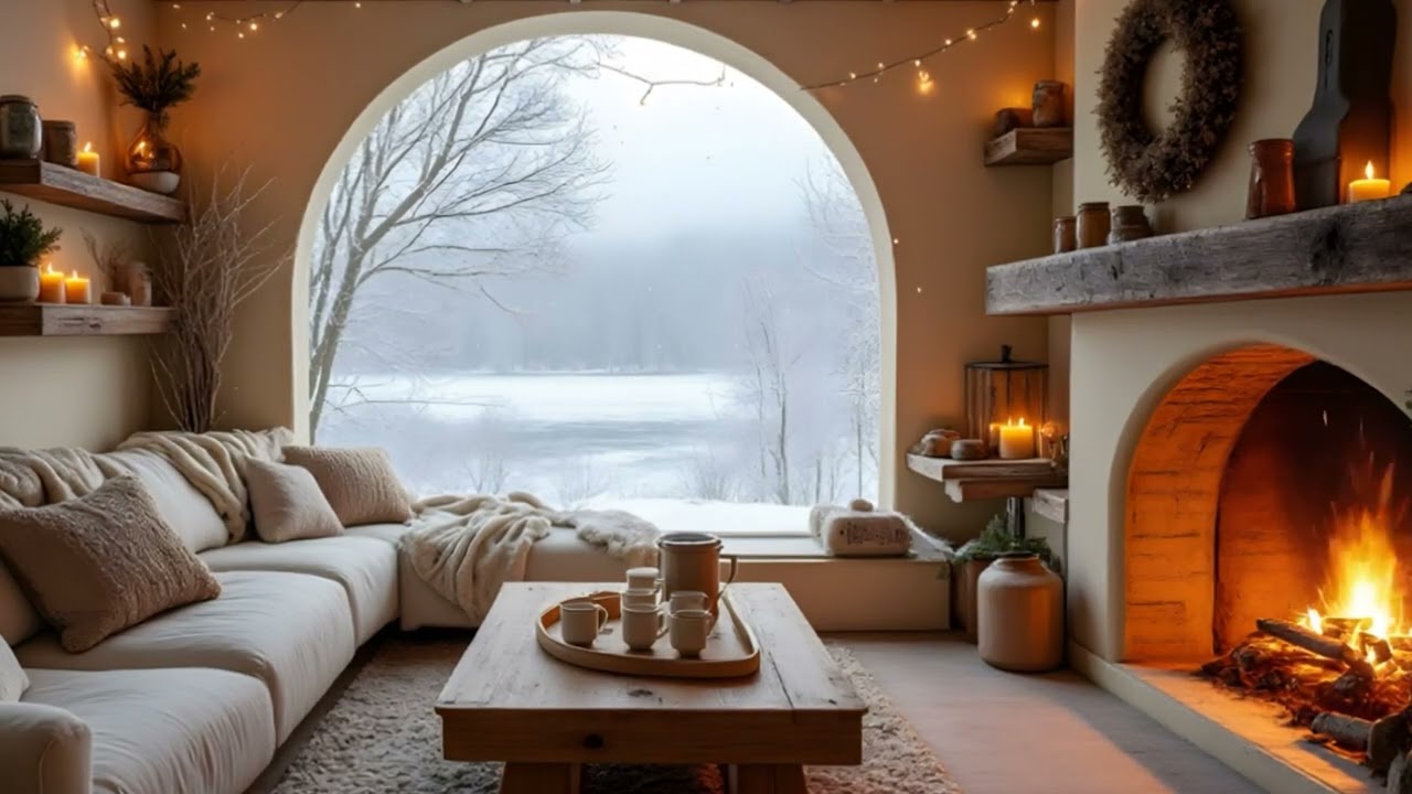 Warm Cozy Winter Fireplace Ambience in Cabin with Snow Views | Deep Relaxation & Focus Sounds