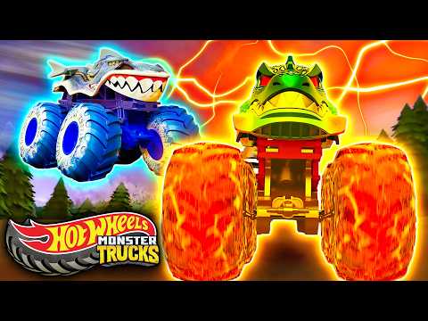 🦈 Equipe Tubarões vs. Equipe Dinossauros! 🦖 | Hot Wheels Monster Trucks