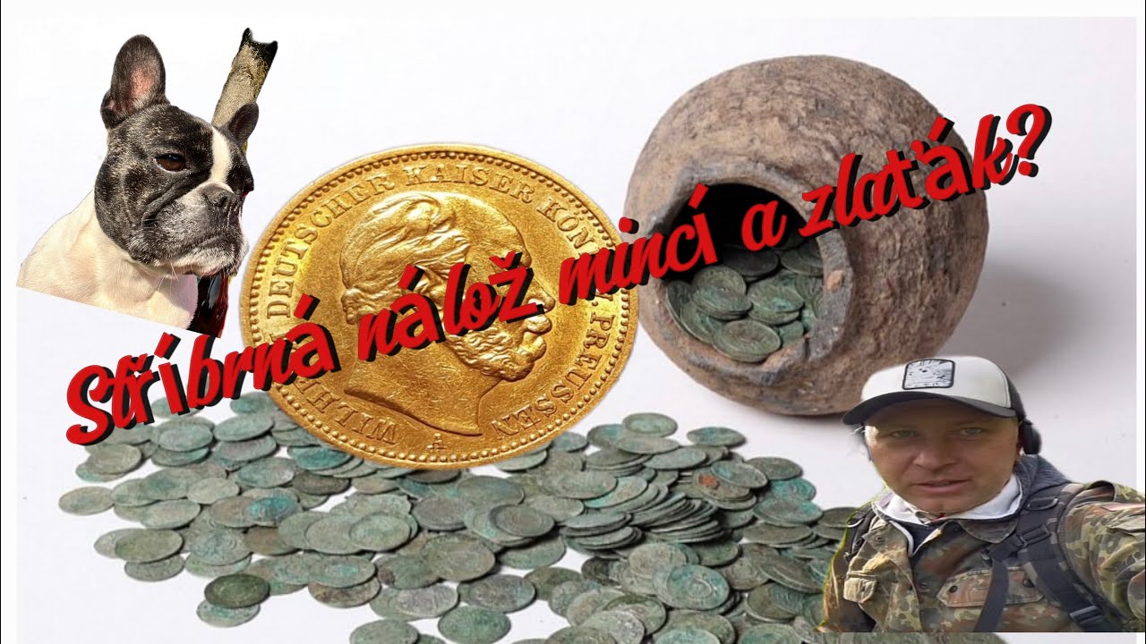 Hromádka stříbrných mincí a na vrch zlaťák na excelentní hledačce detektorem kovů #metaldetecting