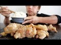 【ASMR】手作りサクサク巨大唐揚げ！２合のご飯と食べる音が堪らない