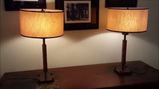 Pair of Mid Century MCM Teak Brass Elegant Simple Table Lamps