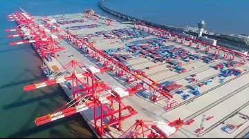 Aerial footage of large automated container terminal in Shanghai