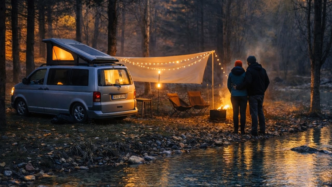 Уютный зимний кемпинг в лютый холод у ручья