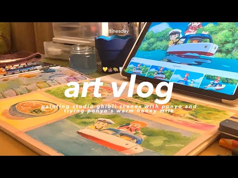 art vlog 🎨🪸 painting studio ghibli ponyo scenes, trying ponyo's warm honey milk🥛
