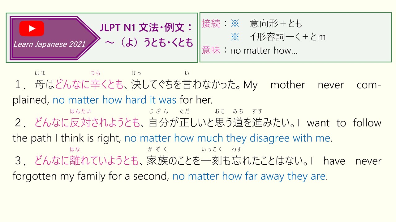 016 JLPT N1 文法・例文:~(よ)うとも・くとも - YouTube