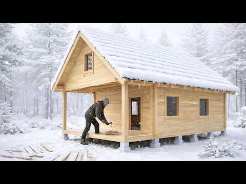 Man Builds a Wooden Cabin with a Sauna and an Outdoor Brick Stove