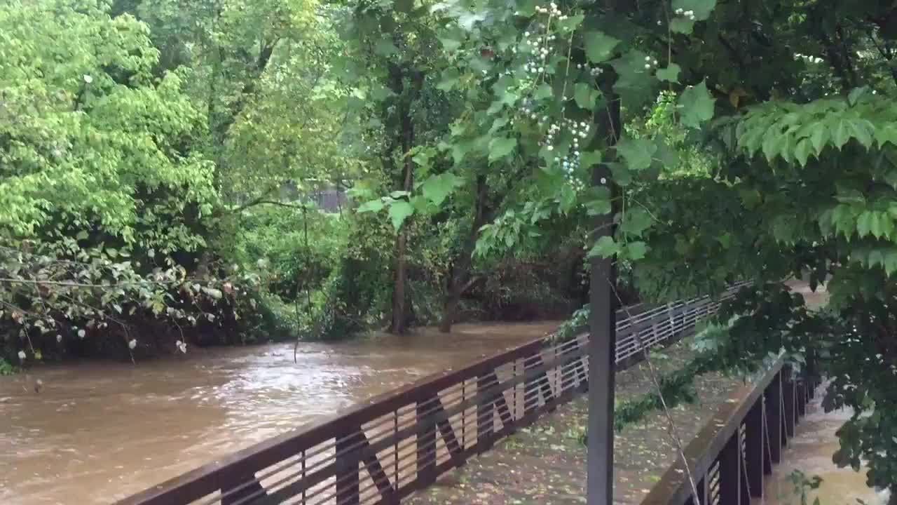 Swollen Crabtree Creek flowing under Glenwood Avenue