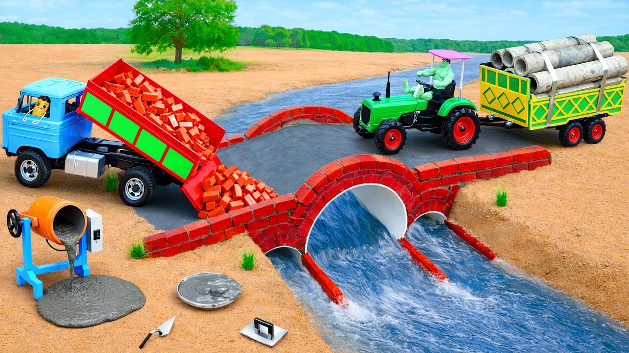 DIY Mini Tractor Builds a Strong Brick Bridge for Heavy Trucks to Cross the River | Science Project