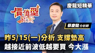 20230516｜昨5/15(一)分析 支撐墊高 越接近前波低越要買 今大漲｜#蔡慶龍 分析師｜#價值型投資｜#對時對價