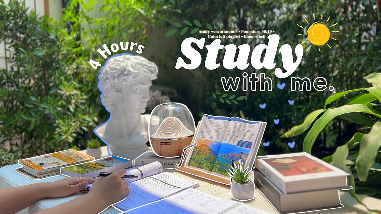 🕊️4-HOUR  Study With Me • Rain sounds🌧️ + Lofi bgm • Pomodoro 50-10 • Day209🌲