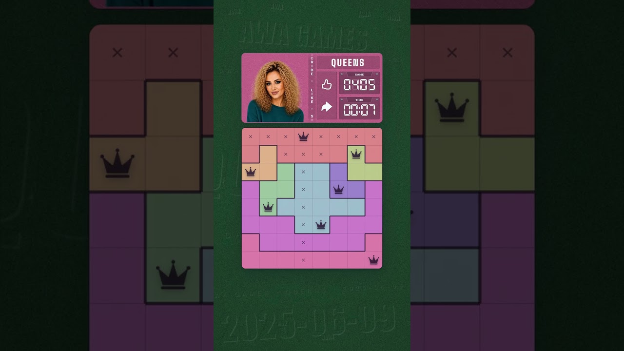 LinkedIn Queens #405 solved board for June 9, 2025, 8x8 grid