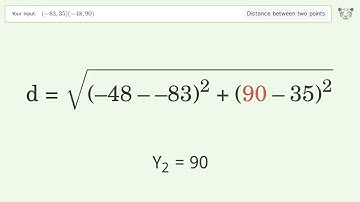Find the distance between two points p1 (-83,35) and p2 (-48,90): Step-by-Step Video Solution