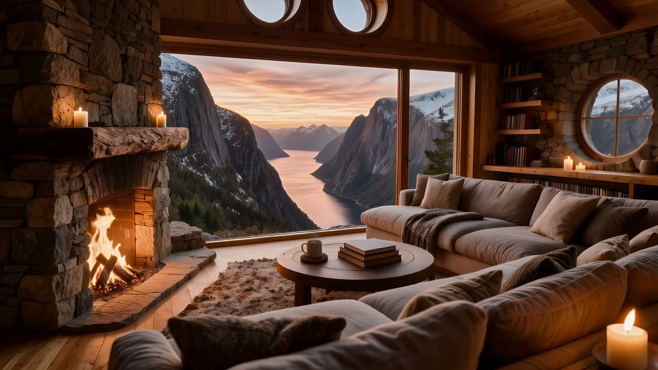 Cozy Fireplace Fjord Retreat 🔥🌄 | Crackling Fire and Ocean Sunset for Relaxation