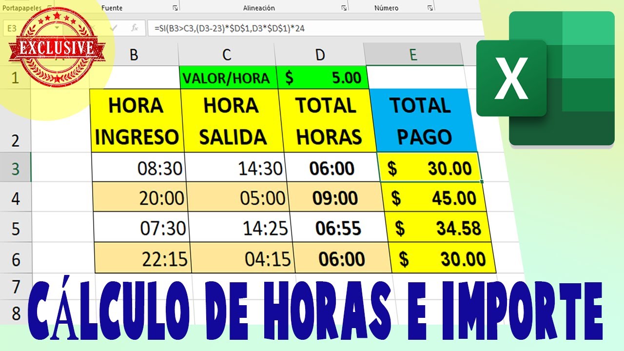 Cálculo De Horas En Excel Y Multiplicar Por El Valor De Hora Youtube