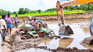 John Deere 5045D tractor stuck in mud Rescued by new holland tractor and TATA Hitachi | tractor |