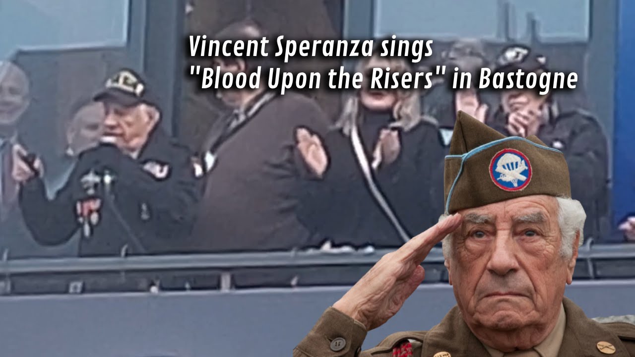 WW2 Veteran Vincent Speranza sings "Blood Upon the Risers" In Bastogne (2022)