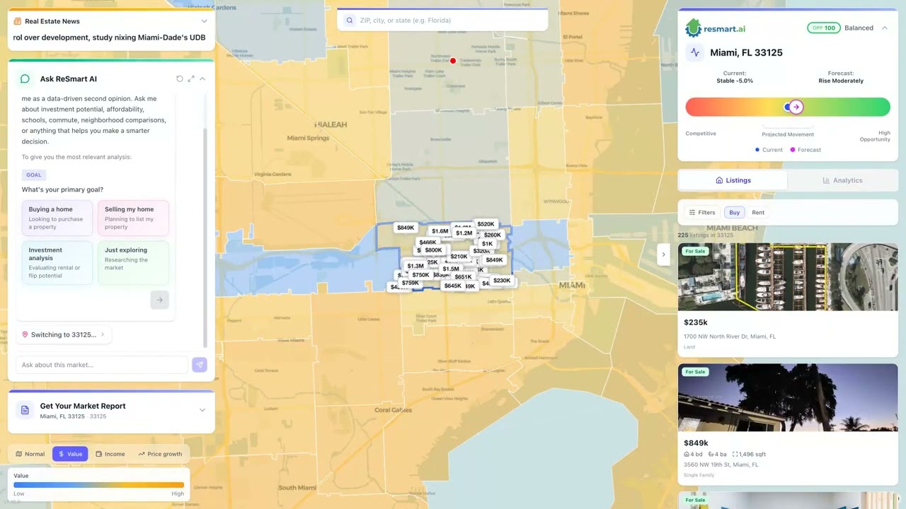 ReSmart.ai Demo: Click Any ZIP • AI Market Pulse • Listing Analysis