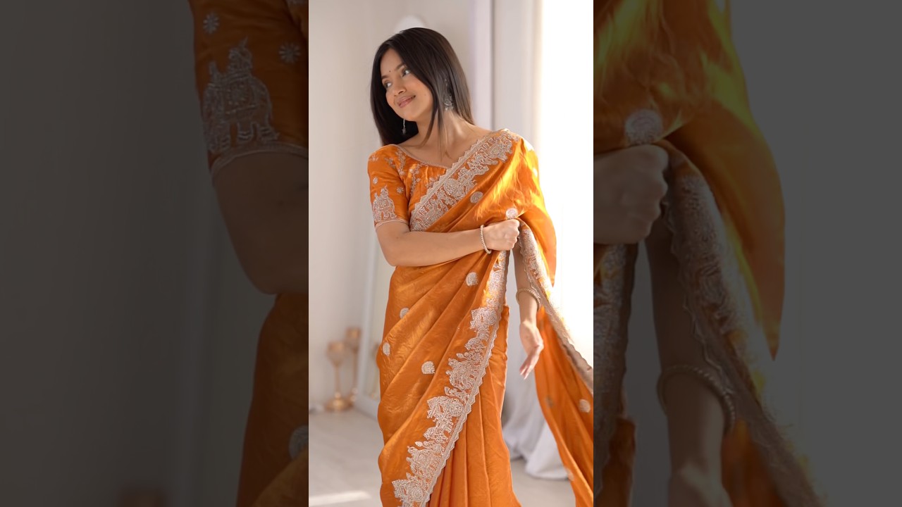 Orange Zari Embroidered Saree – Hotfix Border Work