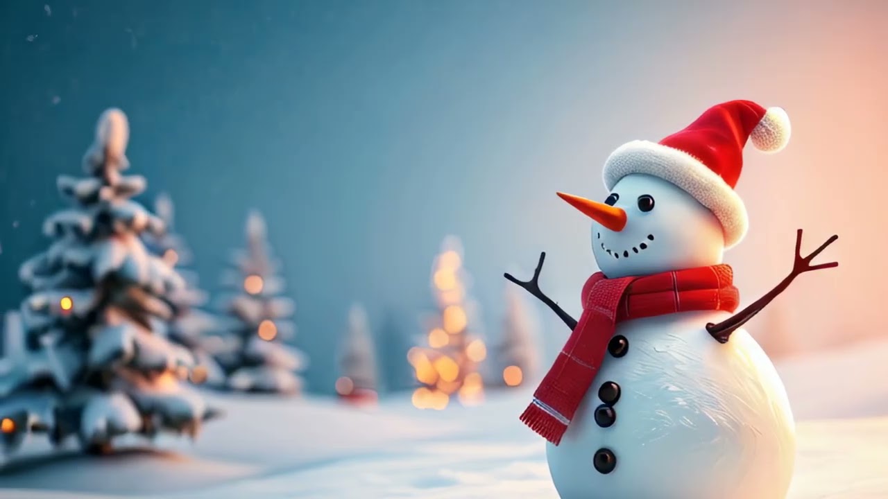 Christmas background ,  a joyful snowman with a red hat and scarf standing in the snow