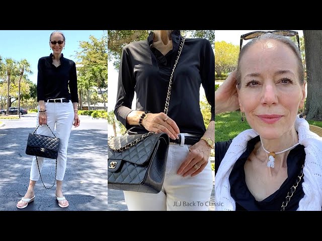 Timeless Fashion: Chanel Jumbo Classic Flap, Black Ruffle Top, White Jeans  / Classic Style For Women 