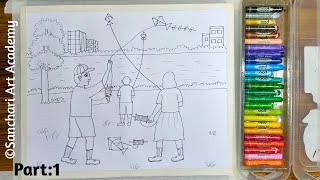 How To Draw a Kite Flying Scenery|Kite Flying Scenery Drawing|Makar Sankranti Festival Drawing