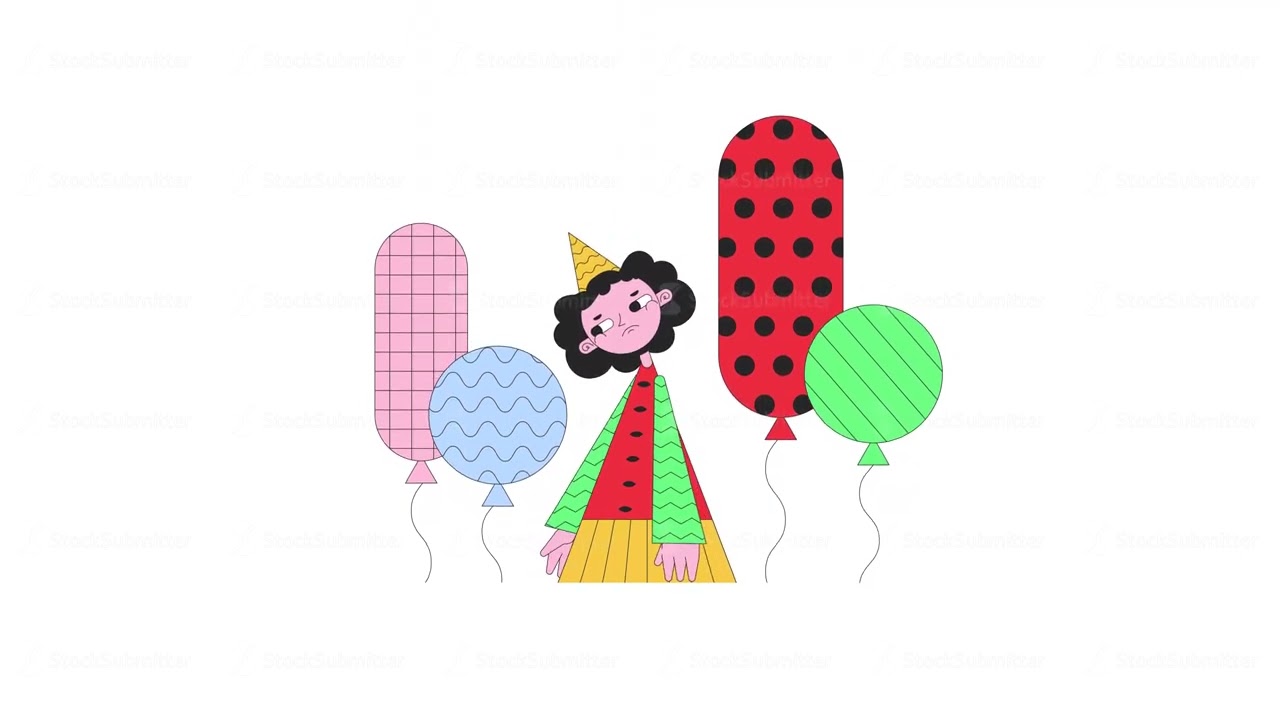 Disappointed sigh girl amidst floating balloons line 2D character animation