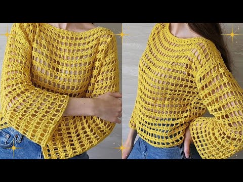 بلوزة كروشية سهلة جدا و سريع طريقة التنفيذ كاملة بالمقاسات تكرار سطرين فقط