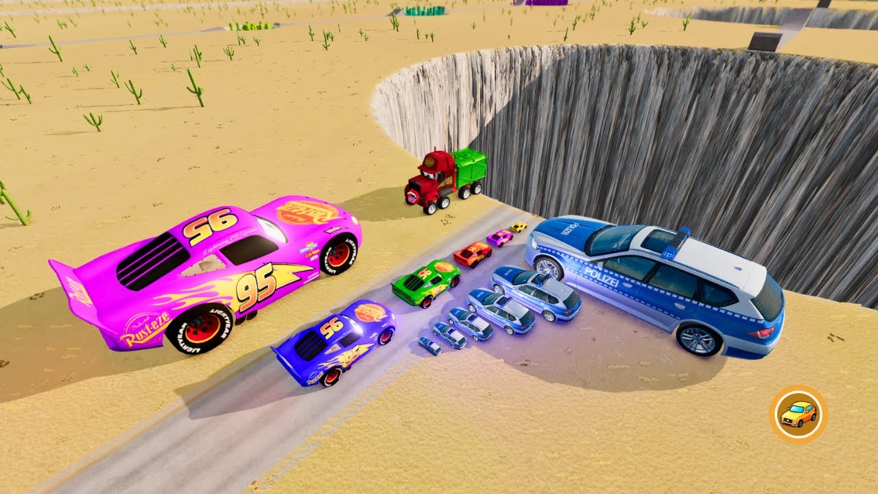 Большой и маленький Маккуин, полицейская машина и зомби Мак против гигантской ямы — BeamNG.drive