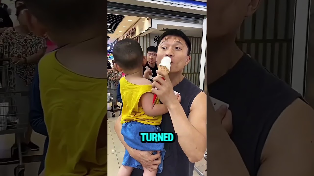look this man craving ice cream but her kid want ot bite