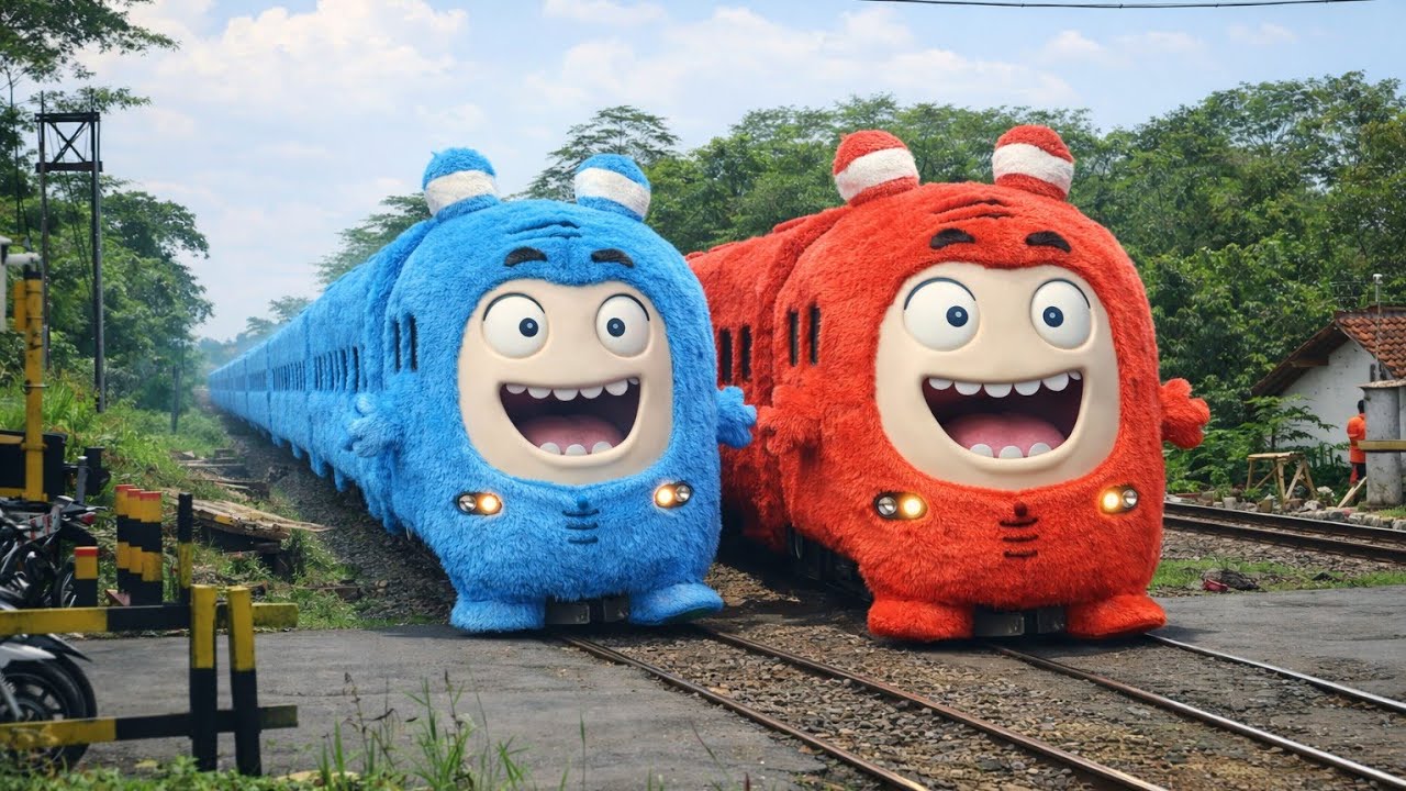 KERETA API PANJANG‼️ kereta api pada berubah menjadi oddbods vs truk kontainer besar