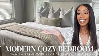 MODERN COZY BEDROOM | how to style your bed like a luxury hotel | affordable bedroom decor | 2024