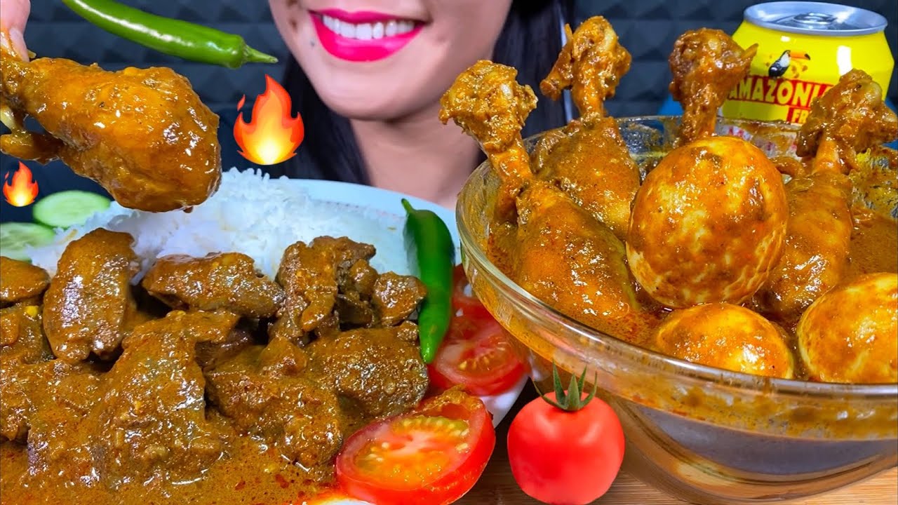 ASMR SPICY CHICKEN LIVER CURRY, CHICKEN CURRY, EGG CURRY, BASMATI RICE MASSIVE Eating Sounds