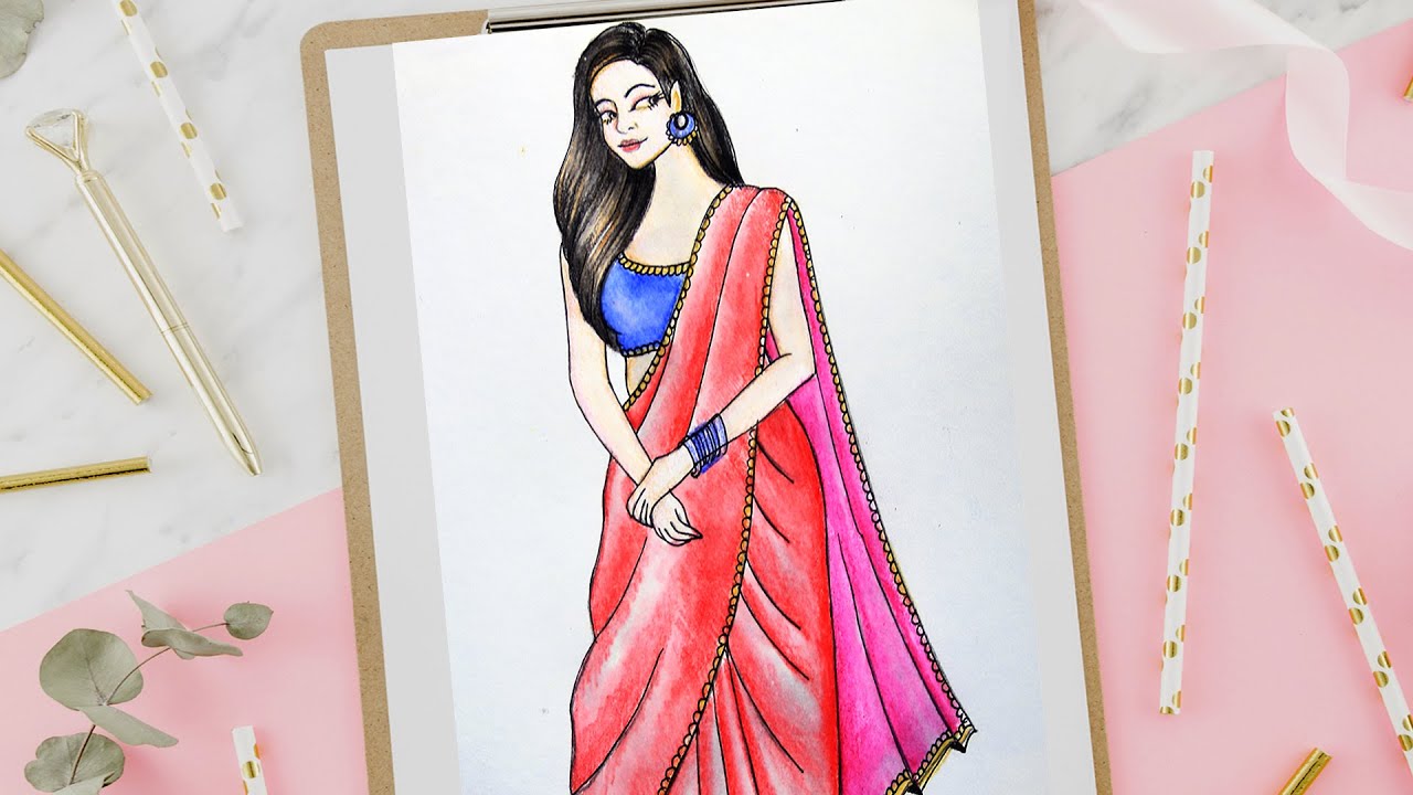 How to draw a Traditional Girl with Saree Easy, Saree Drawing, Draw girl/ Drawing for girls/drawing