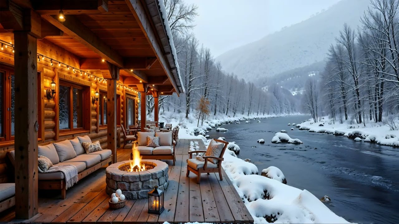 Snow & Fire Harmony – Cozy Cabin in Winter Forest with River Sounds | 4K Relaxing Nature Ambience